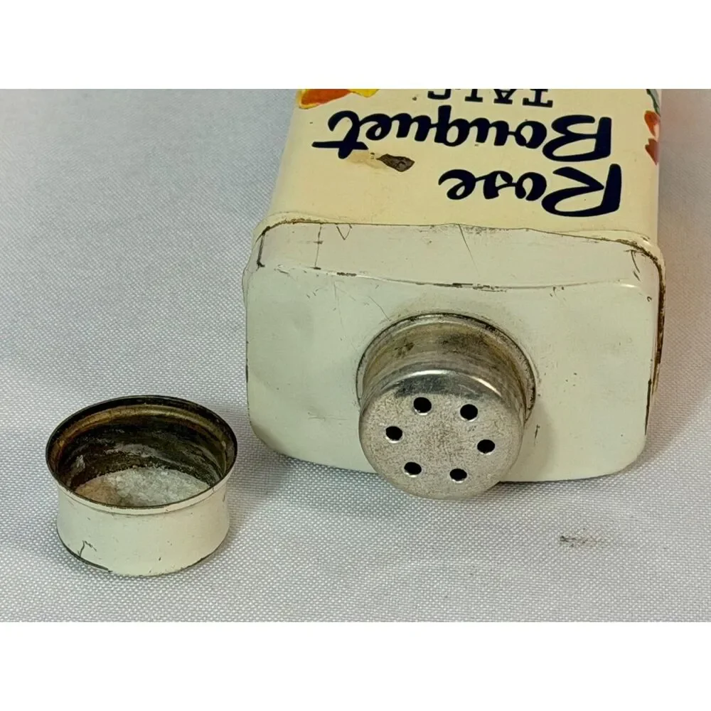 VTG Rose Bouquet Talc Metal Canister with Lid Roses Floral Boudoir 1940s 1950s